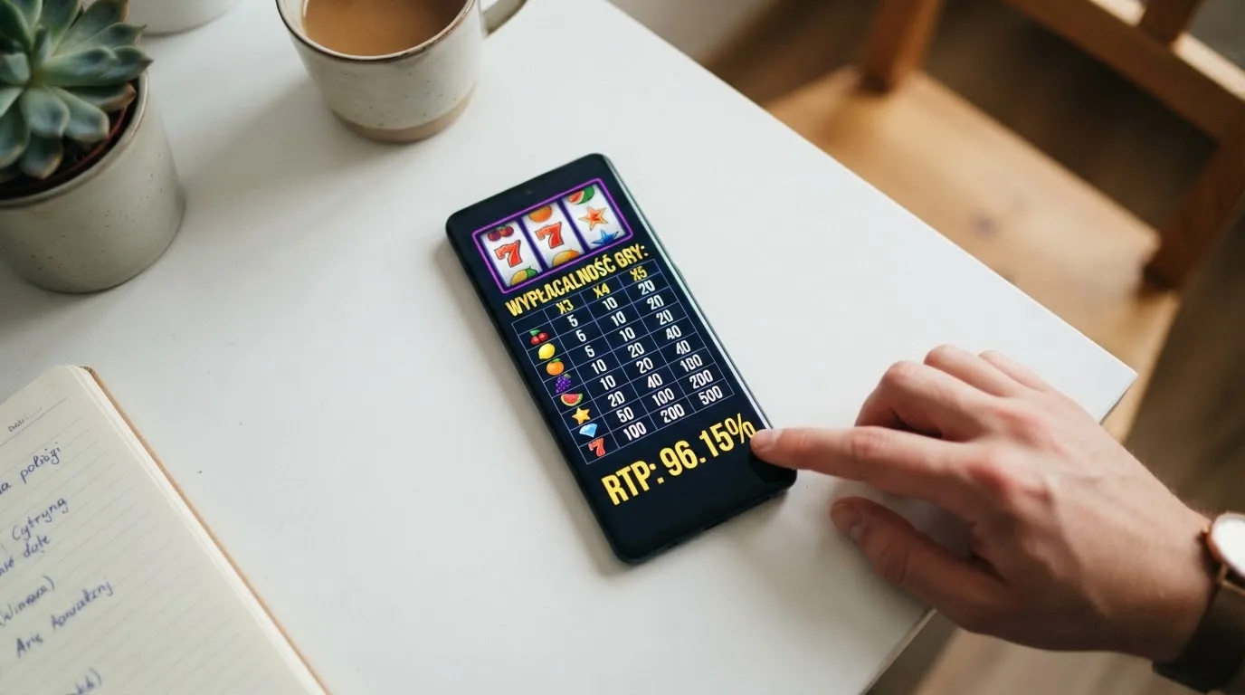 ekran automatu online z otwartą tabelą wypłat pokazującą wartość procentową RTP