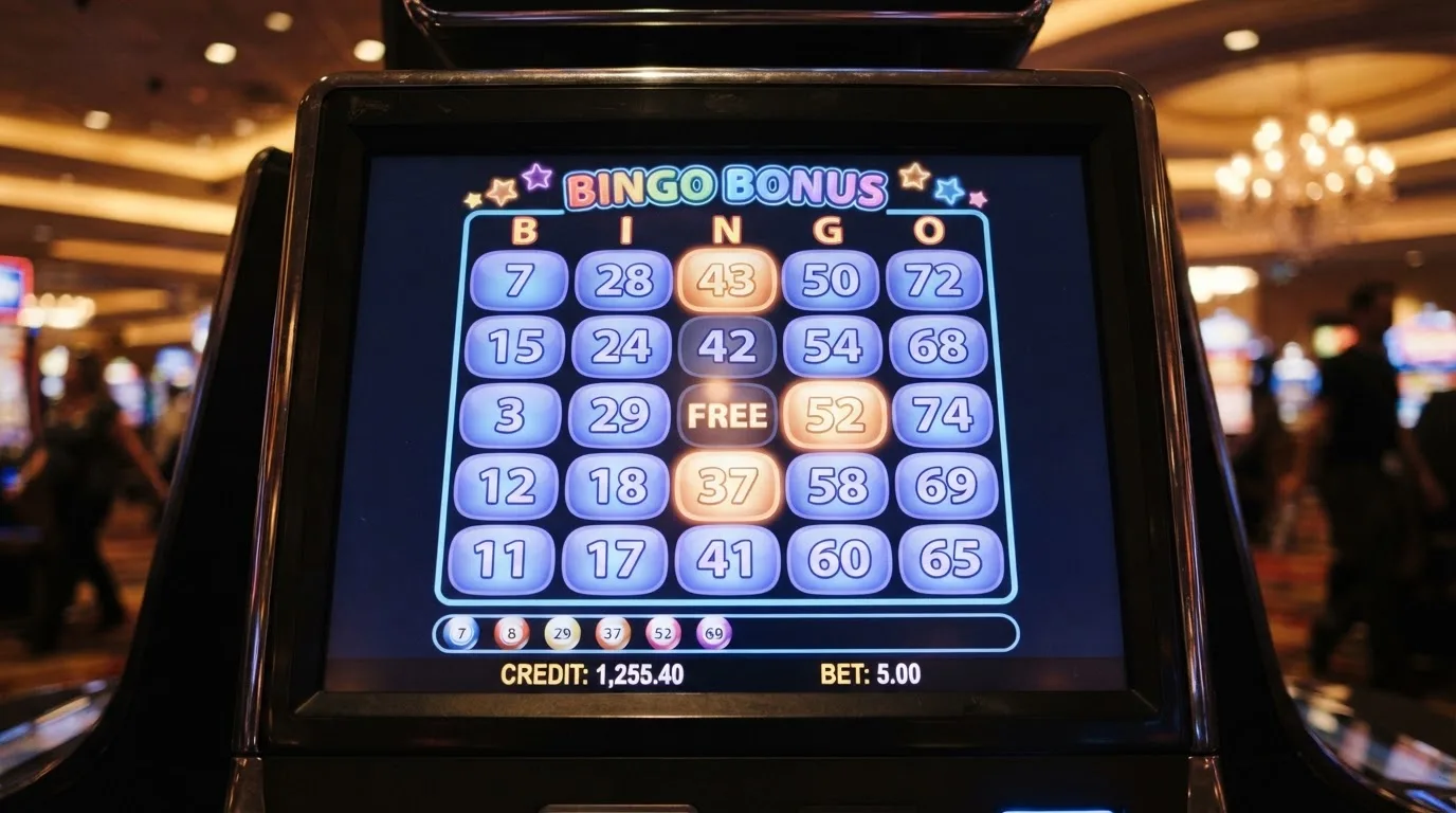 Ekran automatu do gry z kolorową planszą w stylu bingo i podświetlonymi liczbami