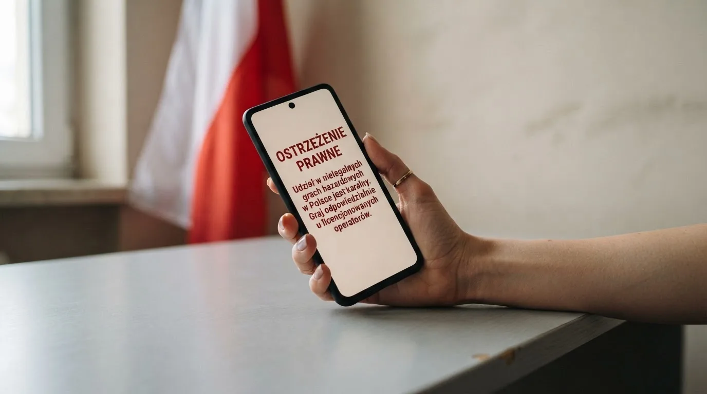 Dłoń trzymająca telefon z widocznym komunikatem ostrzegawczym o legalności hazardu online na tle biało-czerwonej flagi Polski.