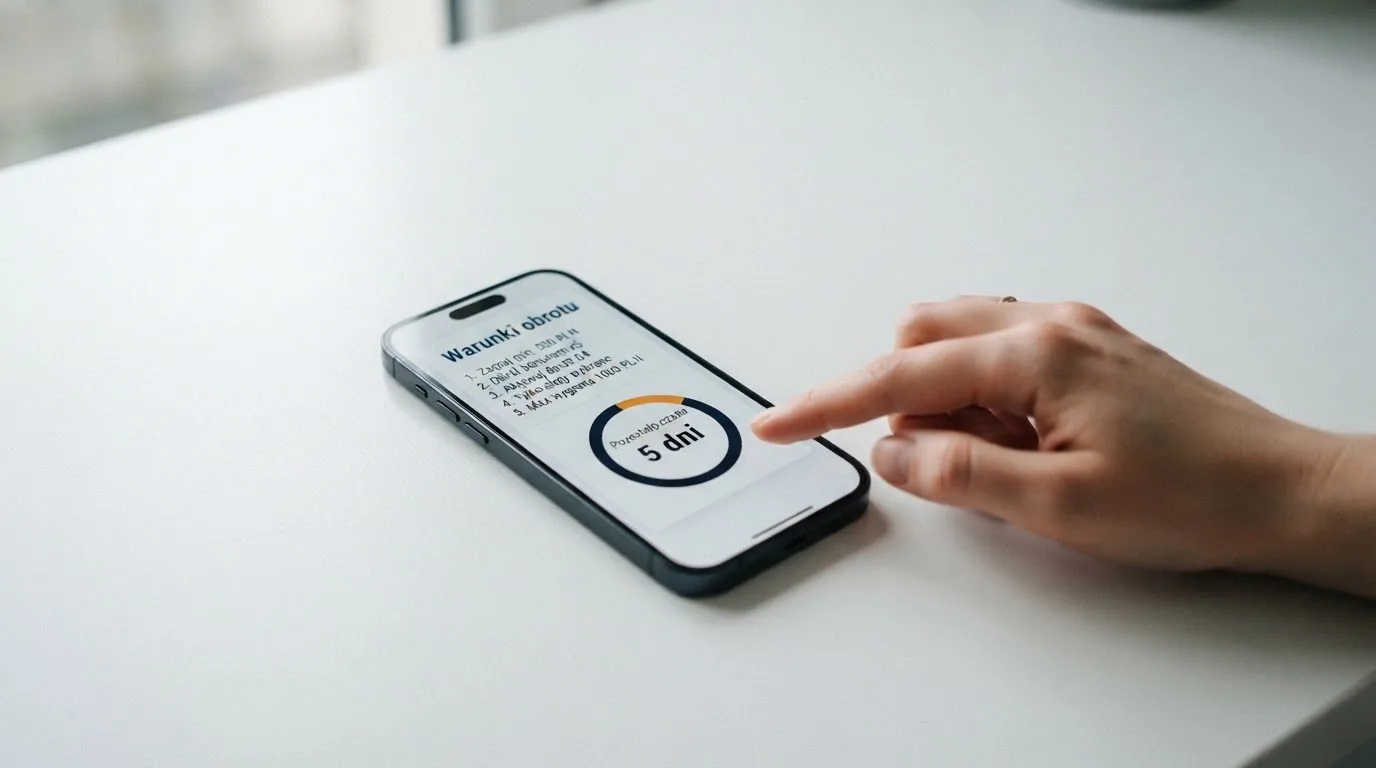 Zbliżenie na telefon z listą warunków promocji i licznikiem odliczającym dni do końca oferty