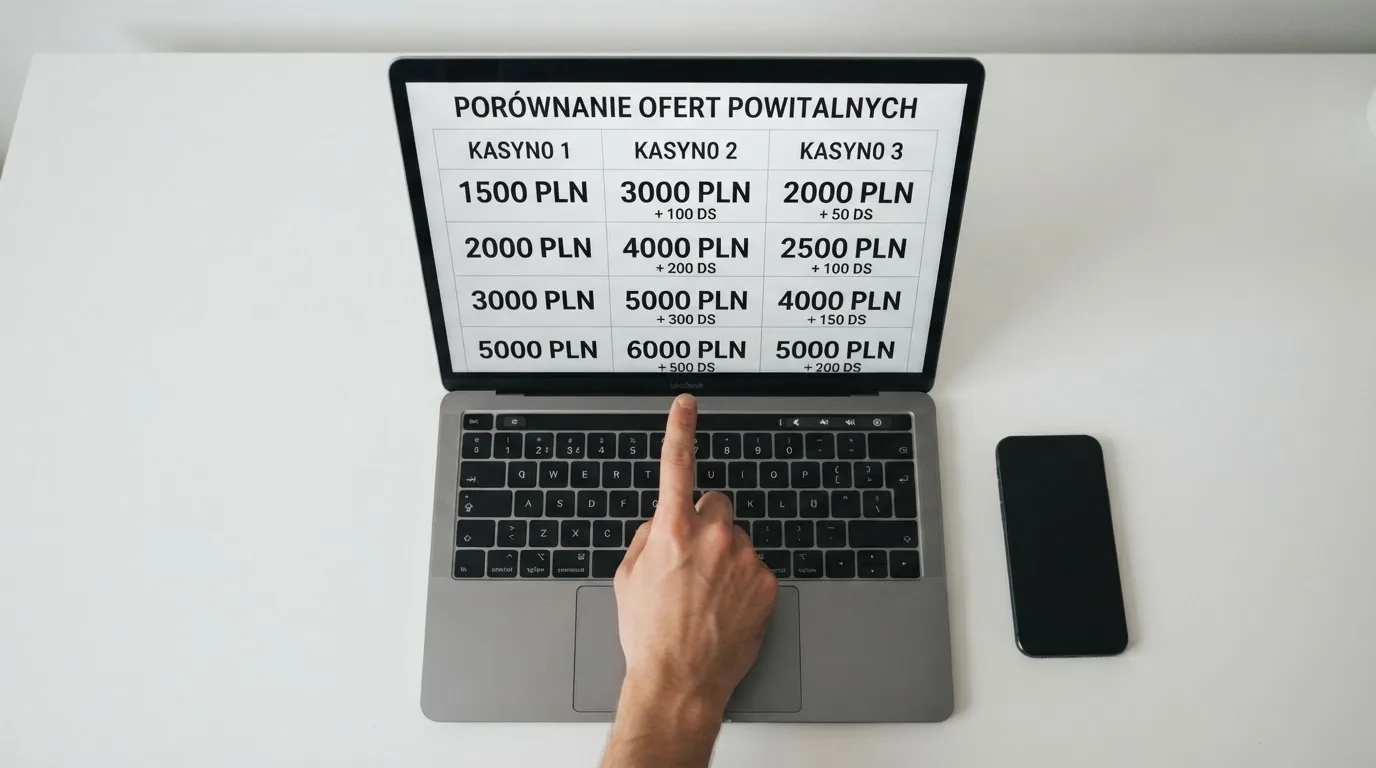 Widok z góry na laptop z otwartą tabelą porównawczą ofert powitalnych kilku serwisów kasynowych