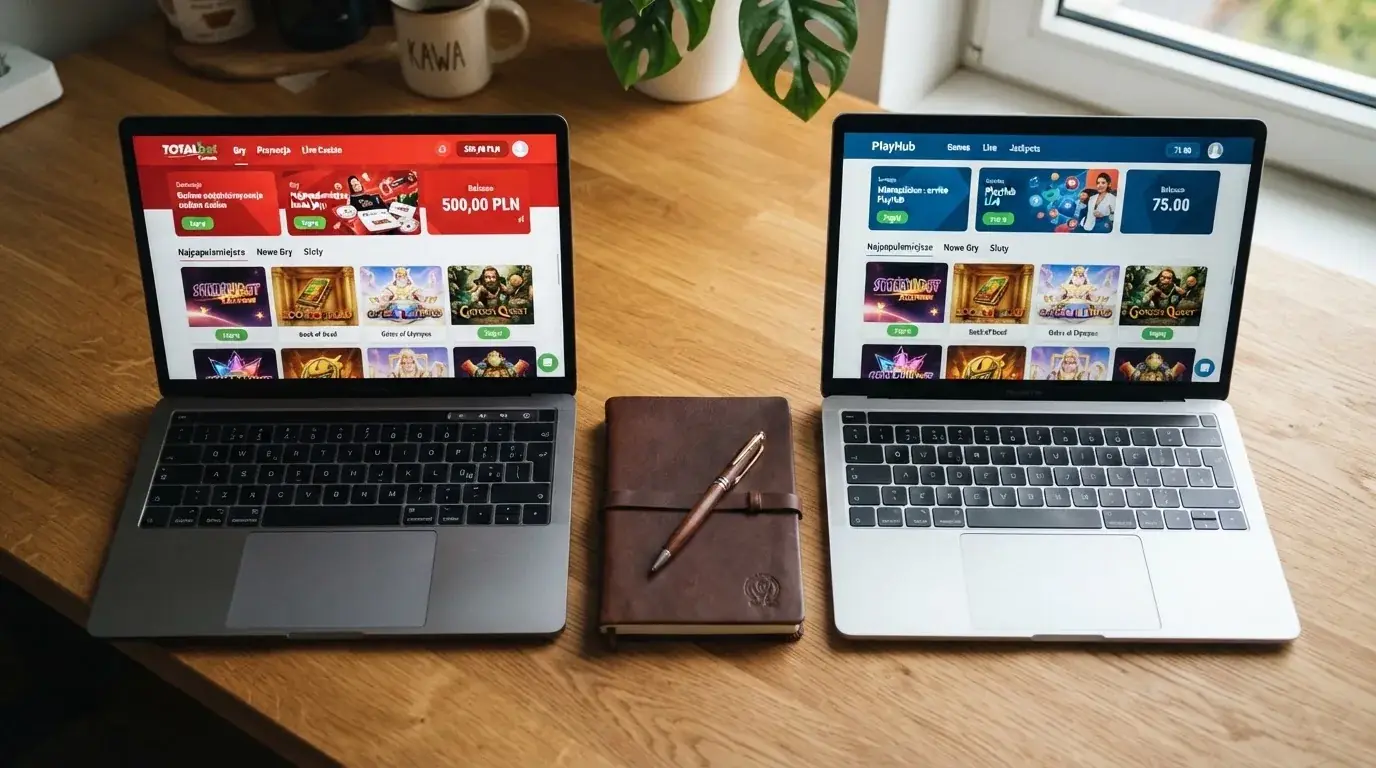 Dwa ekrany logowania kasyna online obok siebie na biurku, jeden z polskim interfejsem złotówkowym, symbolizujące porównanie dwóch różnych serwisów