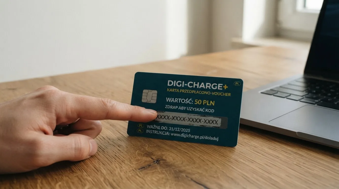 Karta przedpłacona Paysafecard z zasłoniętym polem kodu PIN obok klawiatury laptopa
