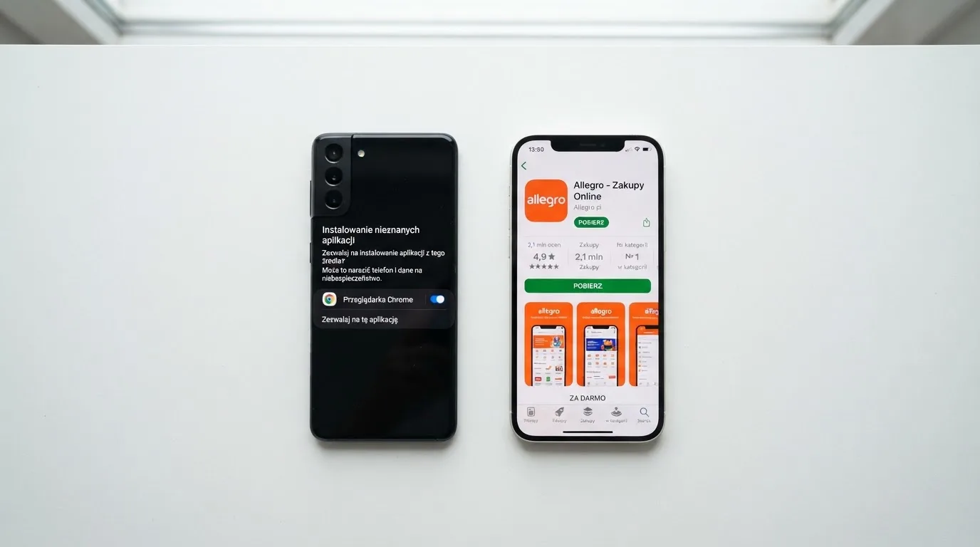 Dwa telefony obok siebie: na jednym komunikat zgody na instalację pliku APK z nieznanego źródła, na drugim strona aplikacji w sklepie z przyciskiem pobierania