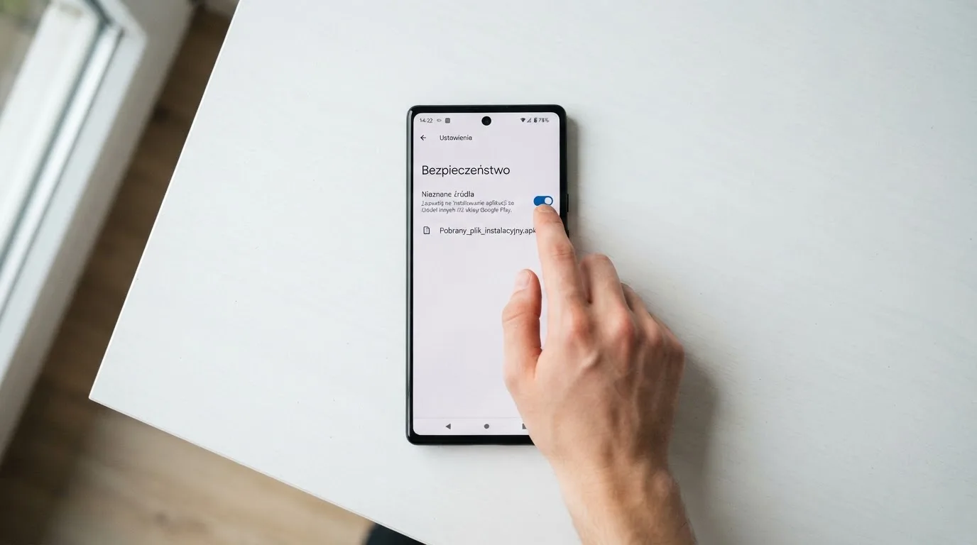 Ekran ustawień Androida z przełącznikiem zgody na instalację aplikacji z nieznanego źródła i pobranym plikiem instalacyjnym na liście