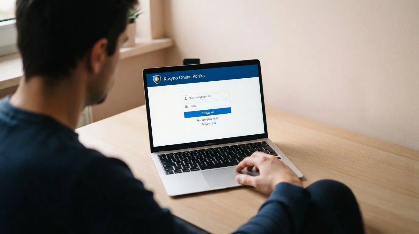 Strona logowania oficjalnej platformy Total Casino na ekranie laptopa, jedynego legalnego kasyna online w Polsce