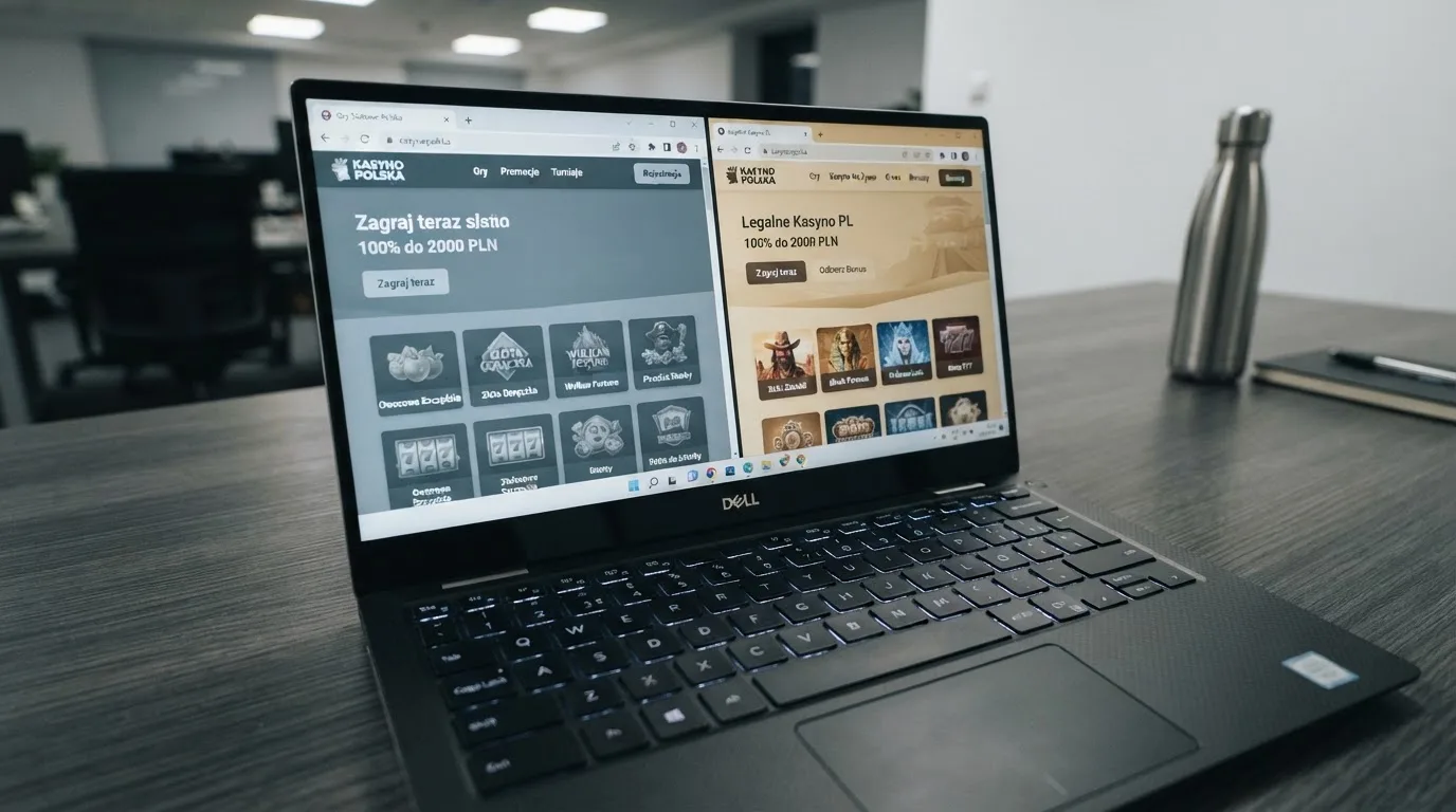 Ekran laptopa z dwiema otwartymi kartami przeglądarki porównującymi adresy dwóch różnych stron kasyn online