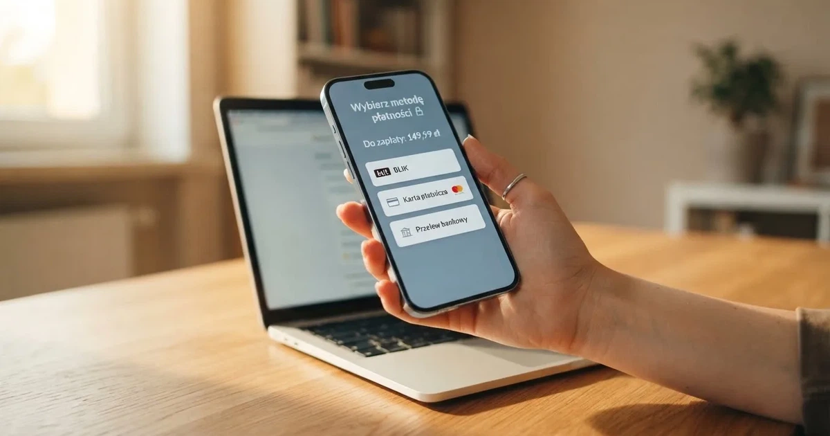 Dłoń trzymająca smartfon z ekranem płatności mobilnej nad klawiaturą laptopa