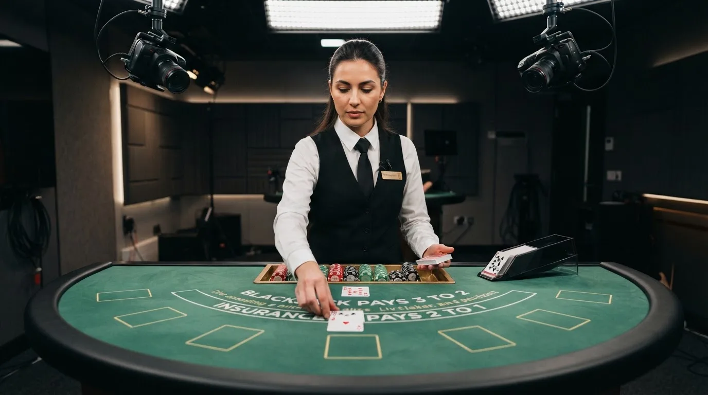 Krupier rozdający karty przy stole blackjacka podczas transmisji na żywo