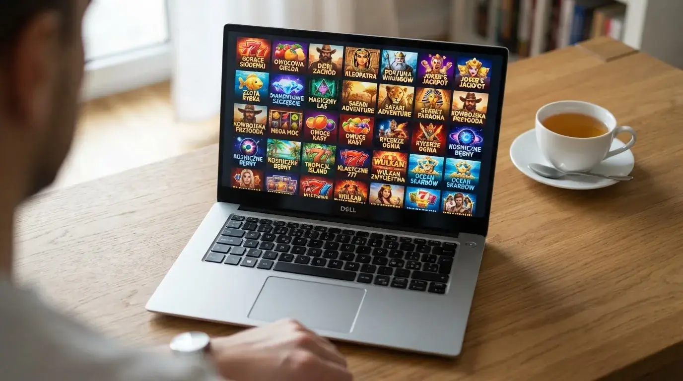 Laptop na biurku z ekranem katalogu gier pokazującym siatkę ikon automatów, obok filiżanka herbaty.