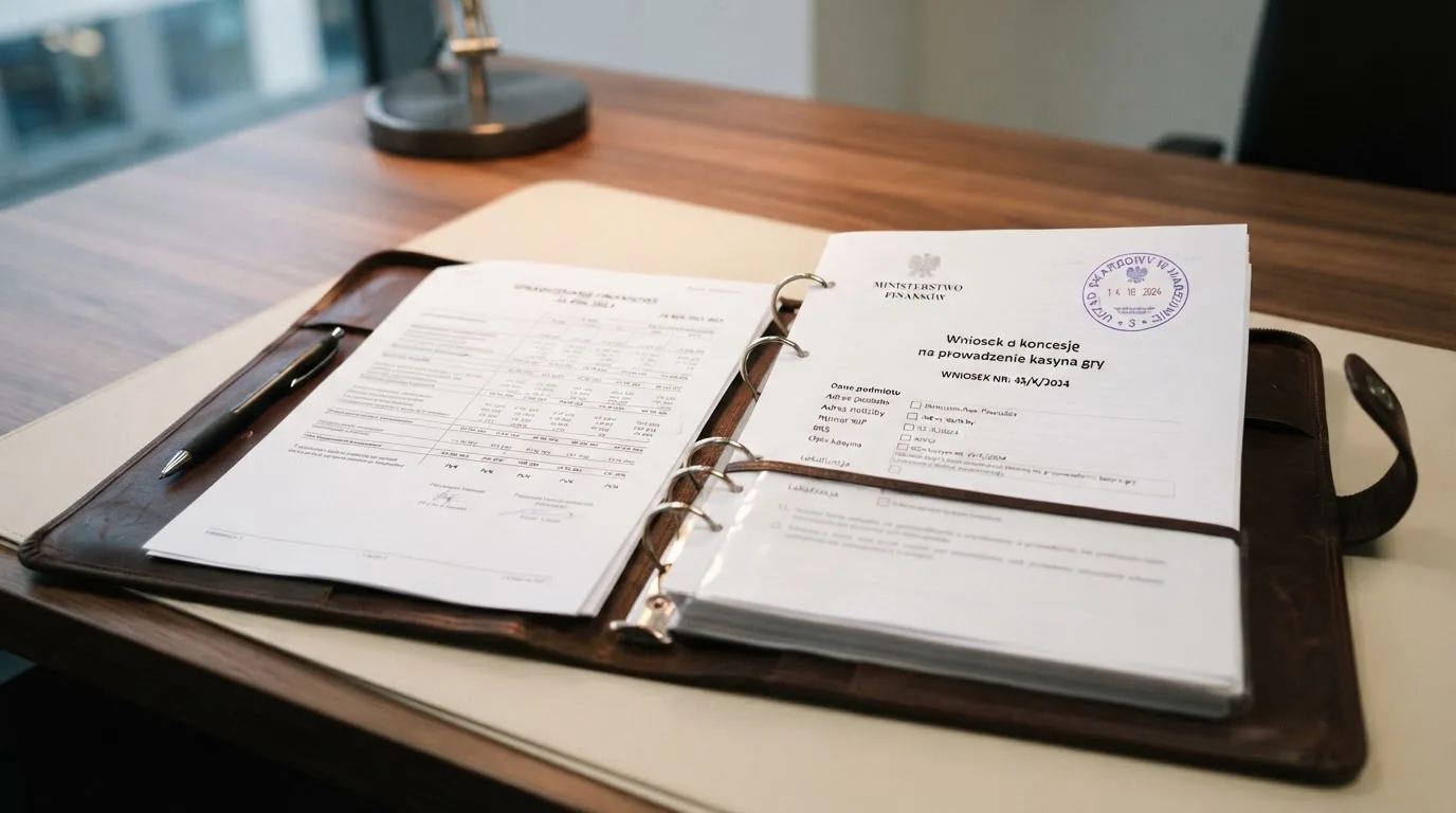 Segregator z wnioskiem o koncesję na kasyno gry, wydrukiem sprawozdania finansowego i urzędową pieczątką leżący na biurku