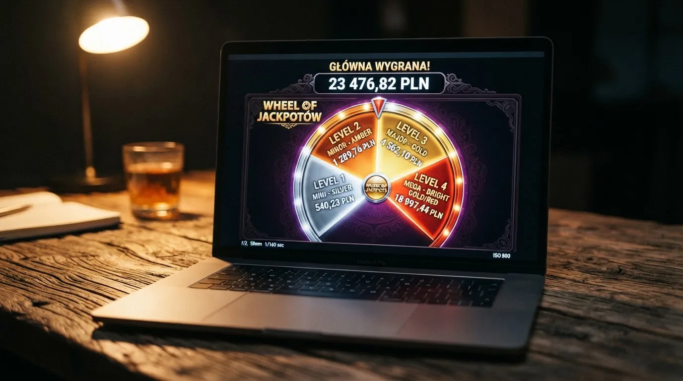 Kołowy wskaźnik jackpota z czterema poziomami nagród na ekranie automatu online, rosnąca pula w tle