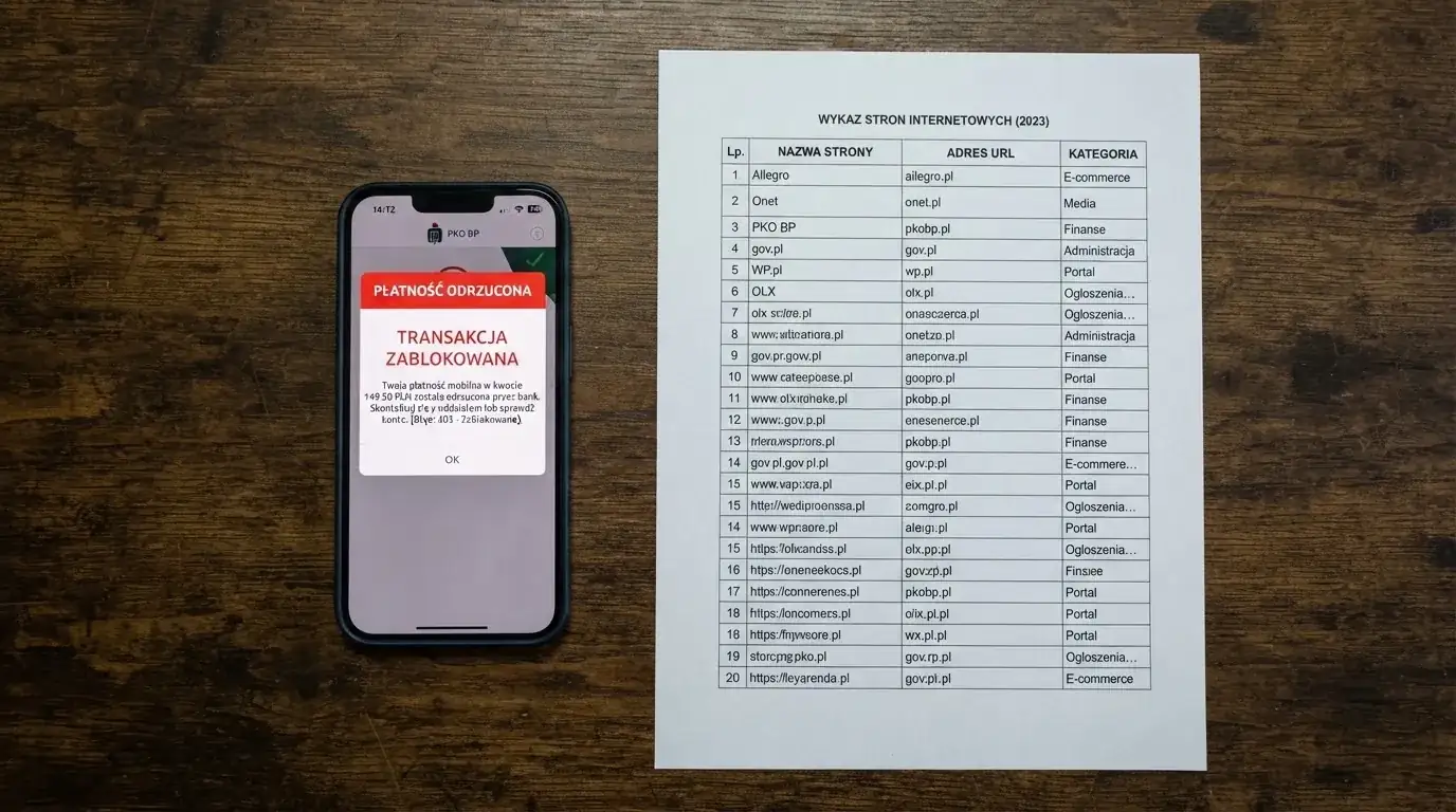 Telefon z komunikatem o odrzuconej płatności na ekranie, obok wydruk tabeli z listą zablokowanych adresów stron