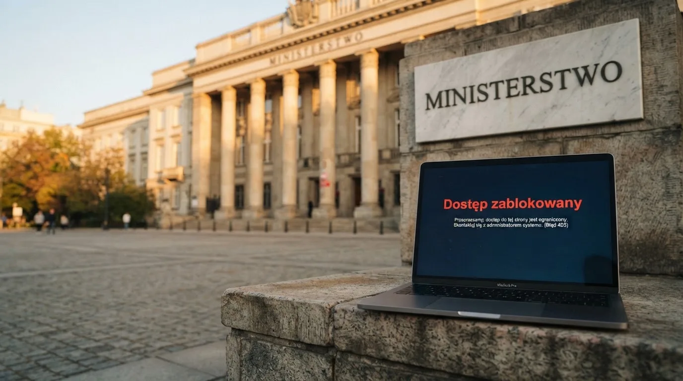 Budynek urzędu z tablicą ministerstwa, na pierwszym planie laptop z komunikatem o zablokowanej stronie kasyna