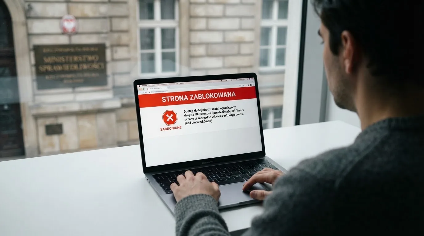 Laptop z komunikatem o zablokowanej stronie hazardowej, w tle budynek urzędu z tablicą ministerstwa