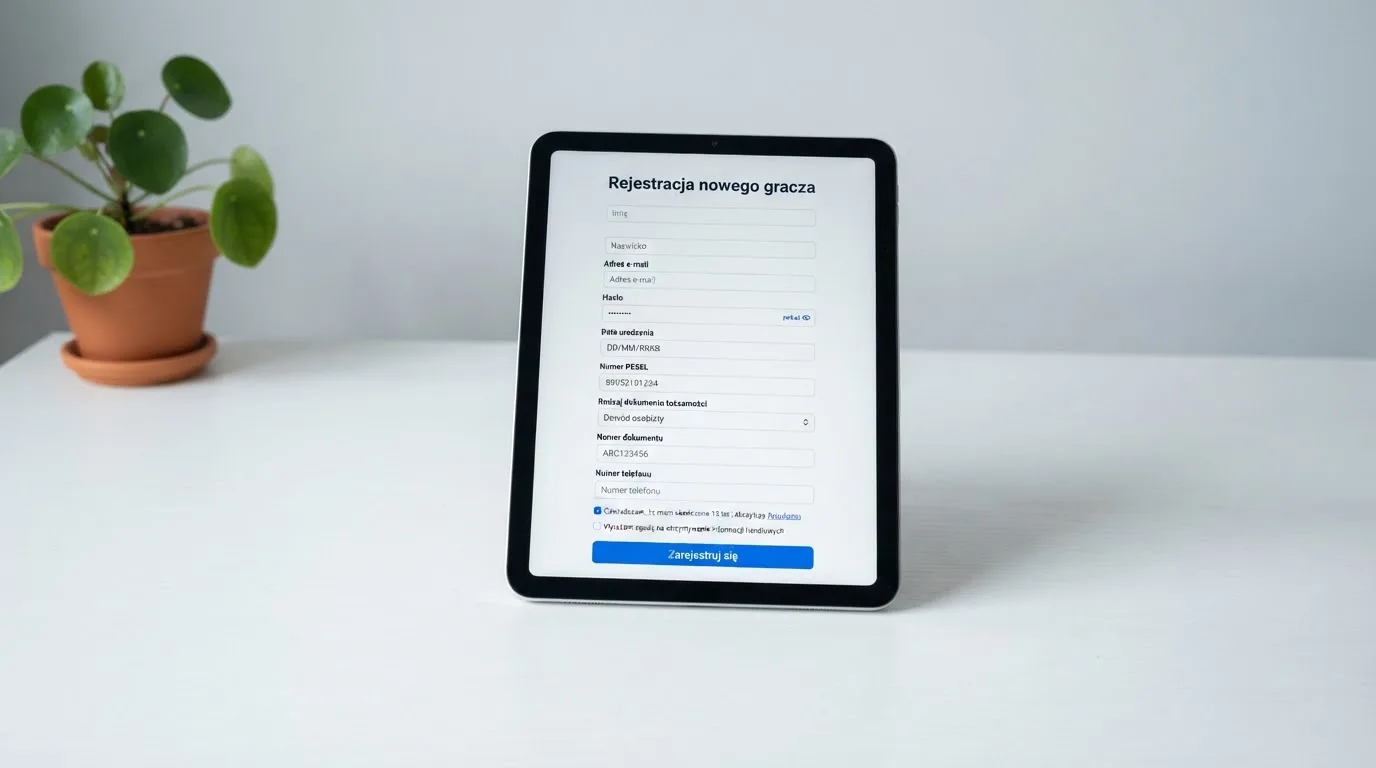 Formularz rejestracji konta gracza z polami na PESEL i numer dokumentu tożsamości na ekranie tabletu