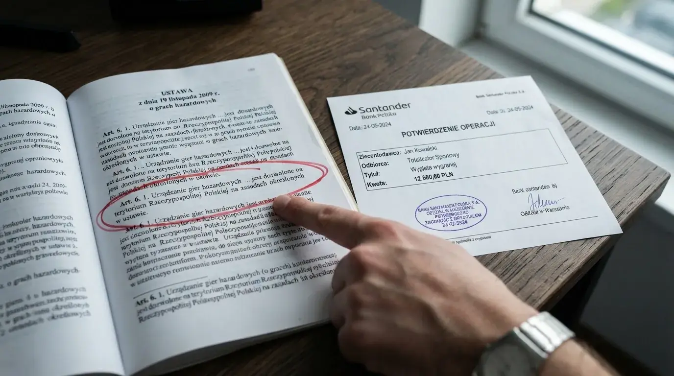 Otwarty tekst ustawy o grach hazardowych z zakreślonym artykułem, obok wydruku potwierdzenia przelewu wygranej