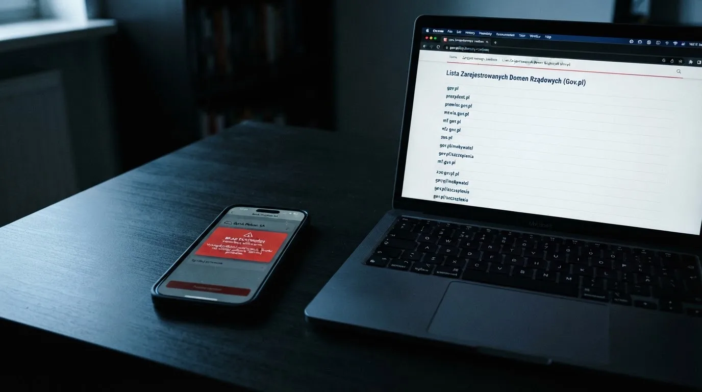 Ekran telefonu z odrzuconą płatnością BLIK obok otwartej w przeglądarce wyszukiwarki rejestru domen Ministerstwa Finansów
