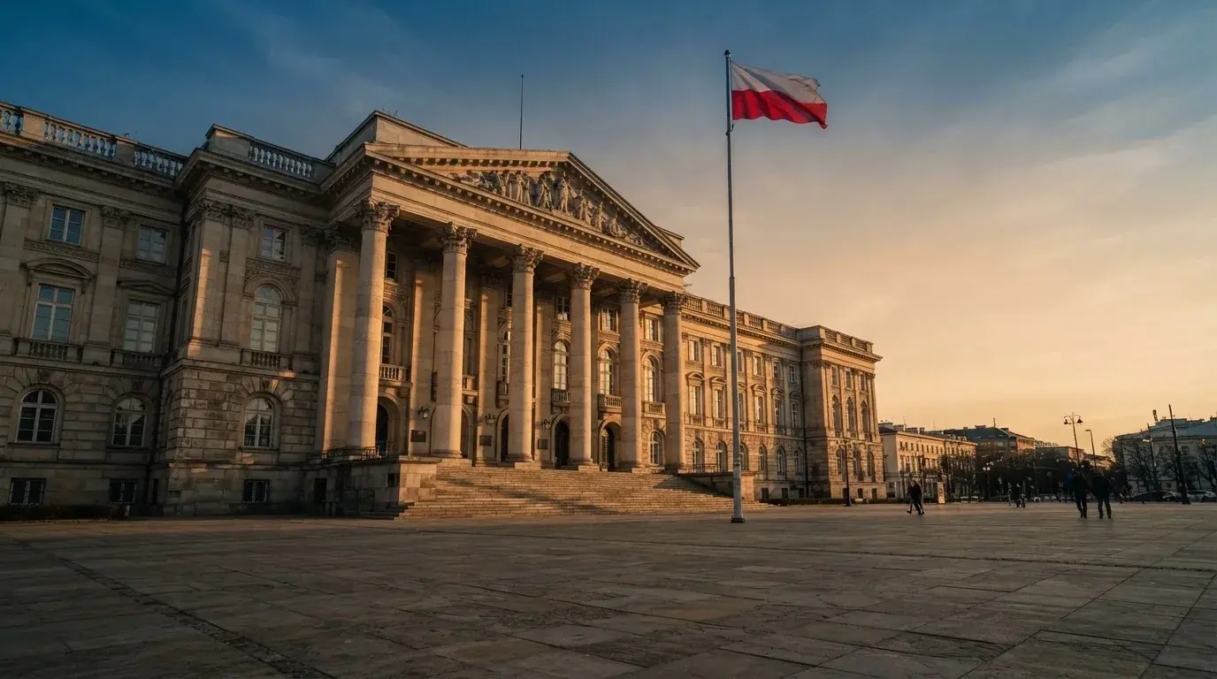 Budynek urzędu administracji państwowej z flagą Polski na maszcie w tle