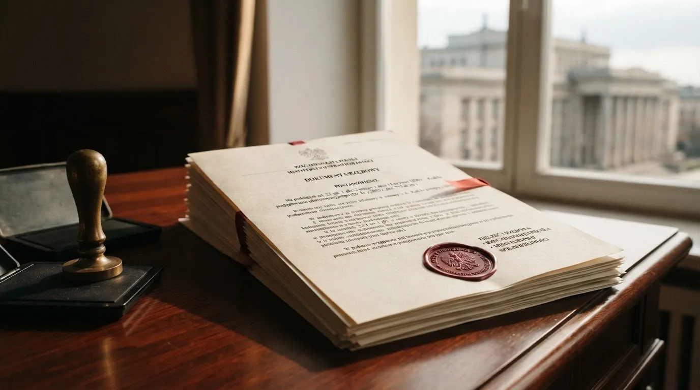 Stos dokumentów urzędowych i pieczęć na biurku, w tle sylwetka budynku administracji publicznej