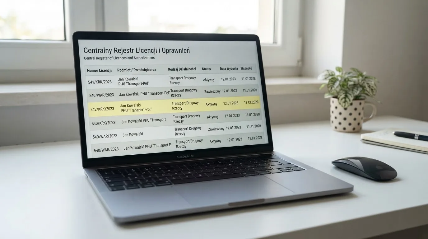 Ekran laptopa z otwartym rejestrem licencji regulatora z Curaçao, w którym jeden wiersz zaznaczono żółtym podświetleniem