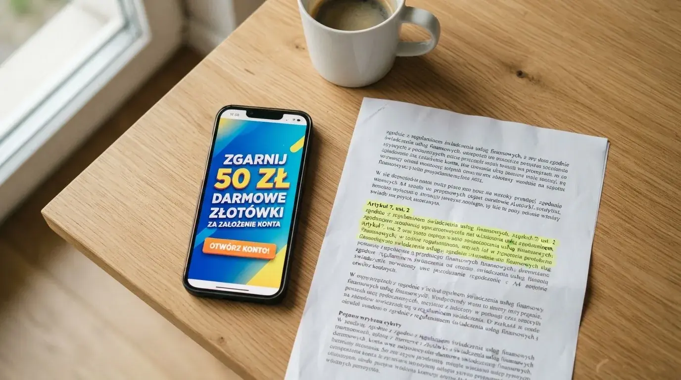 Telefon z banerem obiecującym darmowe złotówki za założenie konta, obok wydrukowany tekst ustawy o grach hazardowych z zaznaczonym artykułem