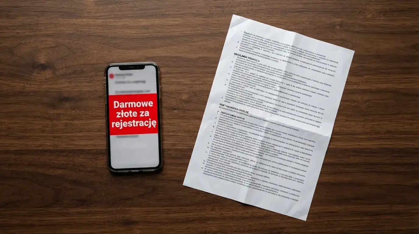 Telefon z wyskakującym banerem obiecującym darmowe złotówki za rejestrację, obok wydruk ustawy o grach hazardowych