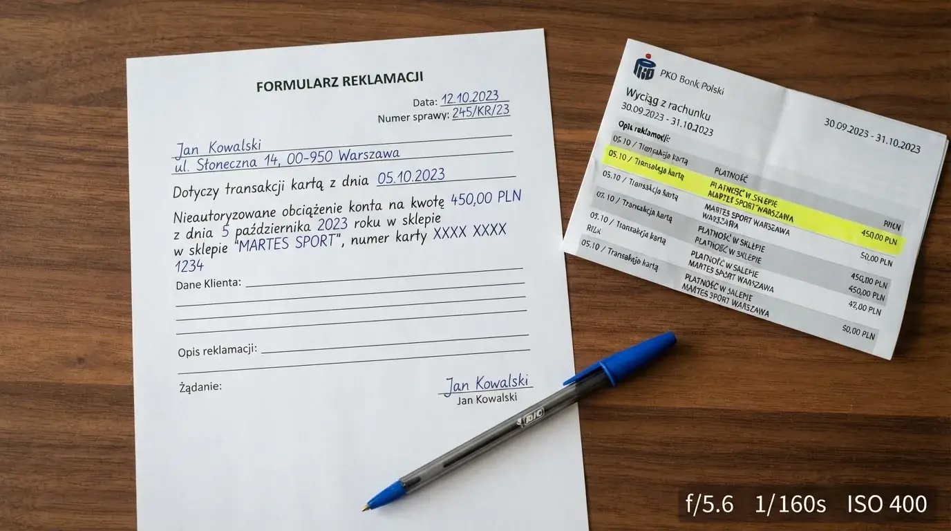 Wydrukowany formularz reklamacji leżący na biurku obok długopisu i wyciągu bankowego z zakreśloną pozycją