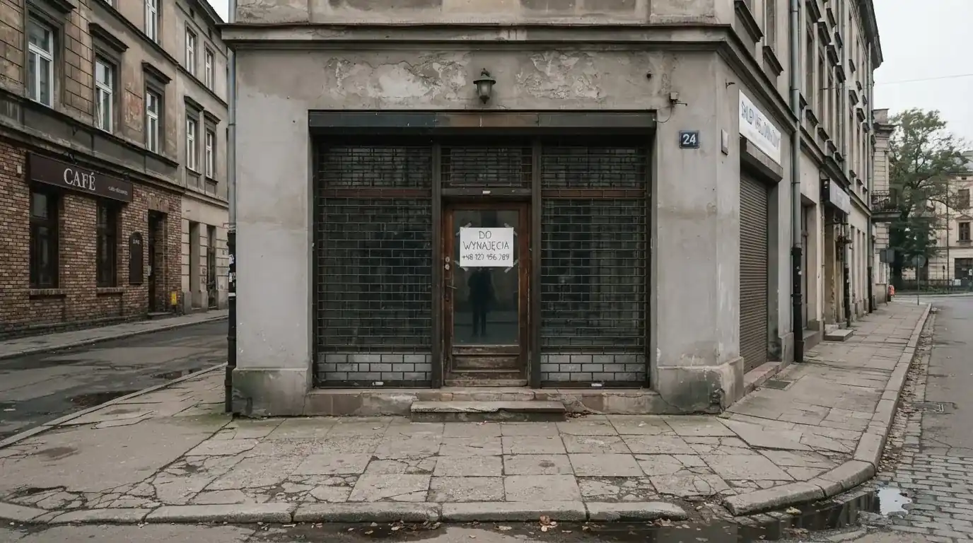 Pusty, zamknięty lokal handlowy z tabliczką „do wynajęcia”, symbolizujący brak działających salonów gry bingo pieniężne