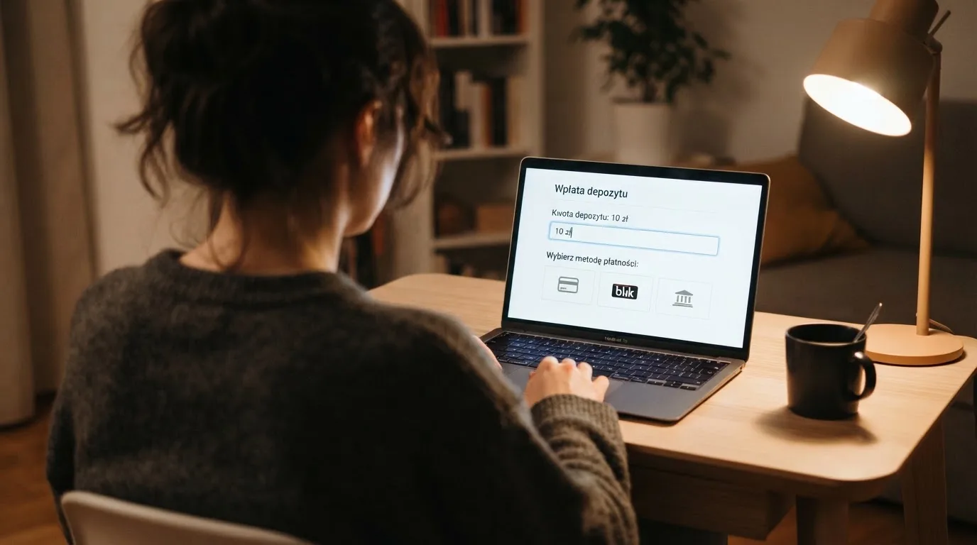 Laptop z otwartym oknem wpłaty na kwotę 10 zł i listą metod: BLIK, karta płatnicza, szybki przelew