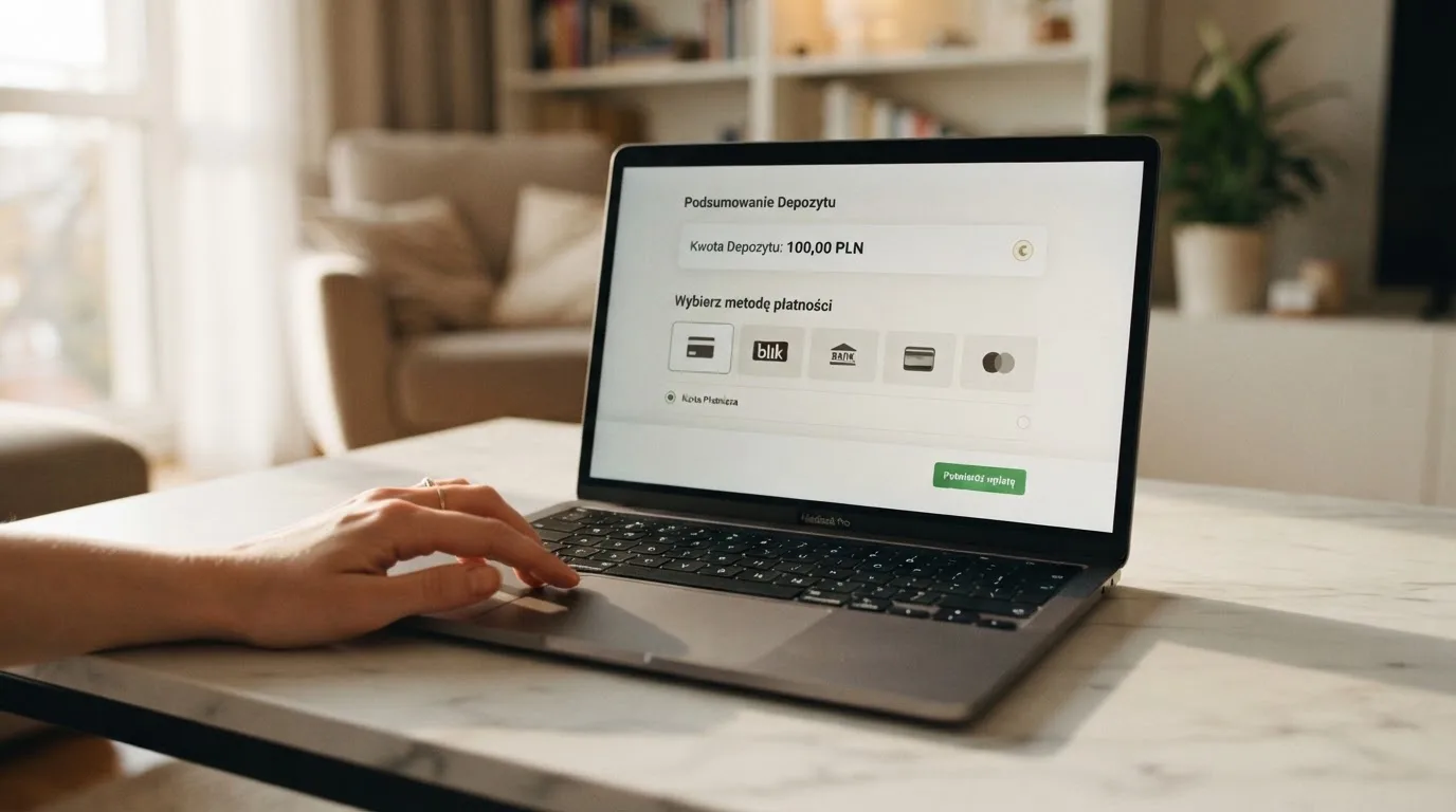 Laptop z oknem wpłaty na ePortfel, wpisana kwota 100 zł i lista metod: BLIK, karta płatnicza, szybki przelew