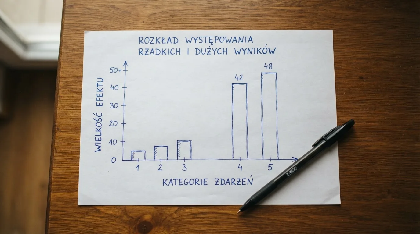 Kartka papieru z odręcznie narysowanym prostym wykresem słupkowym częstości wygranych, obok długopis.